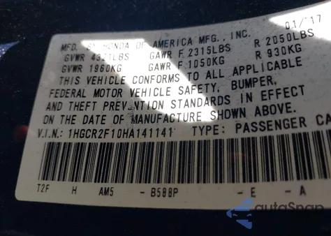 2017 Honda Accord Sport Se from USA, damaged, VIN 1HGCR2F10HA141141